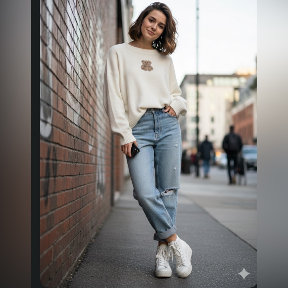 Sincerely Jules Cream Crewneck Sweater with Teddy Patch